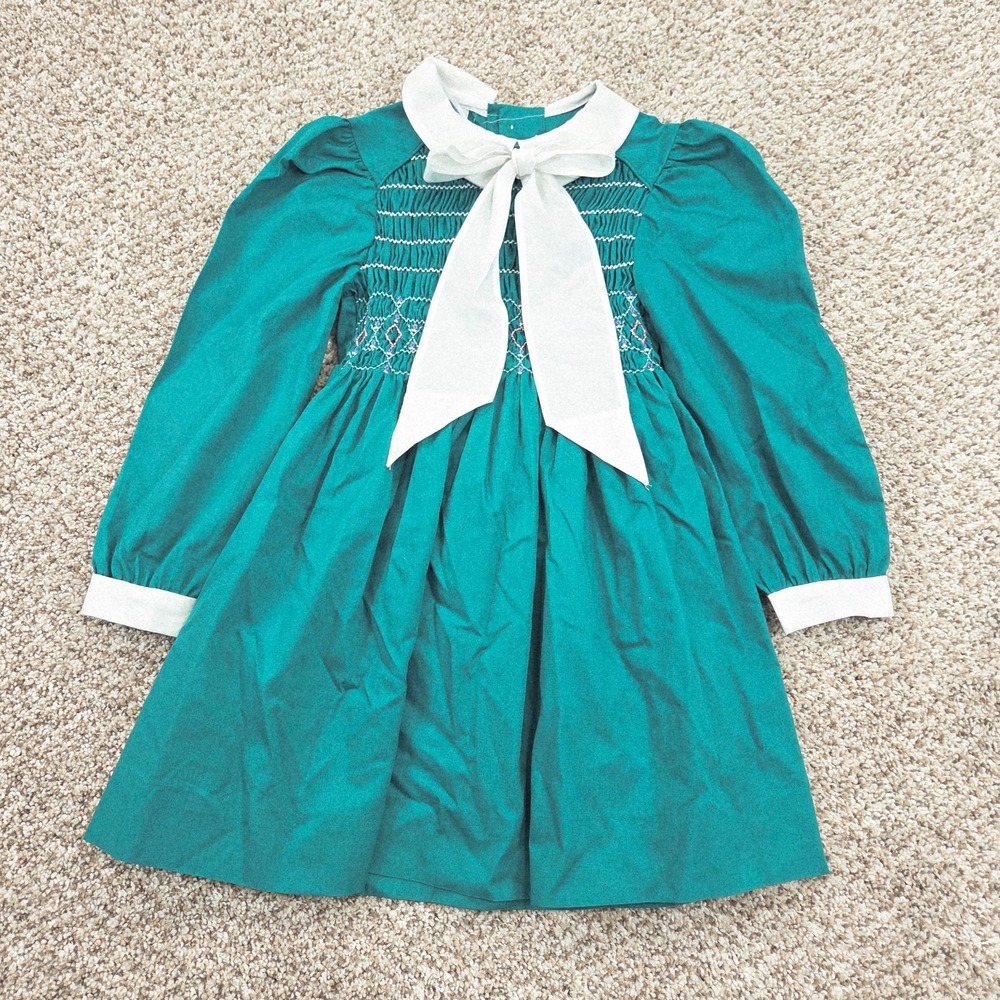 Girl's Vintage Polly Flinders Dress Smocked School Church Teal White Bow Size 5